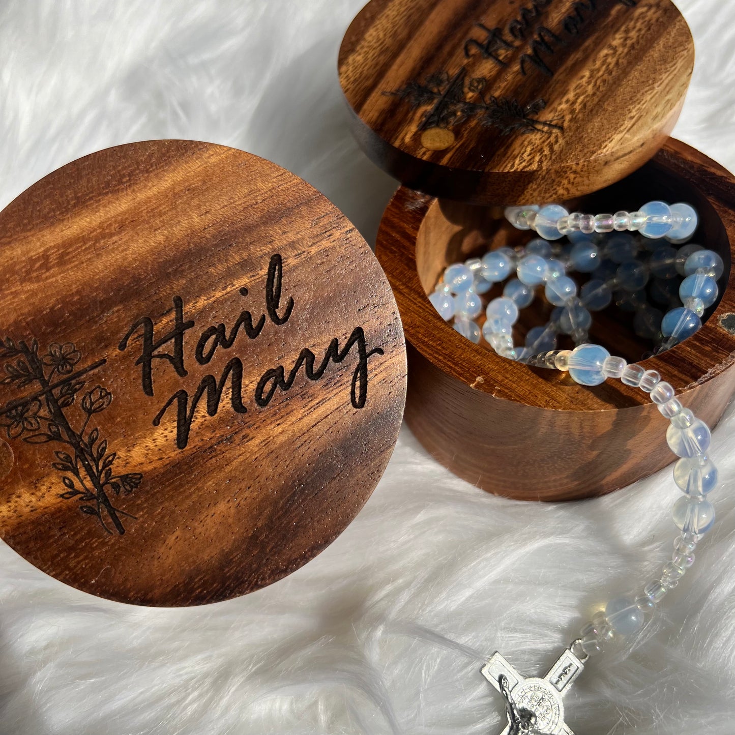 Rosary Keepsake Box – "Hail Mary" Engraved with Floral Cross