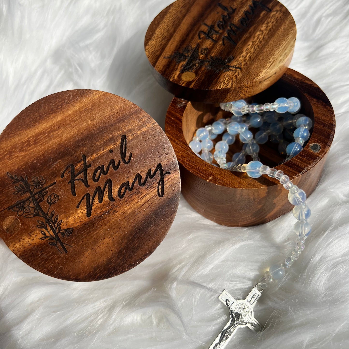Rosary Keepsake Box – "Hail Mary" Engraved with Floral Cross