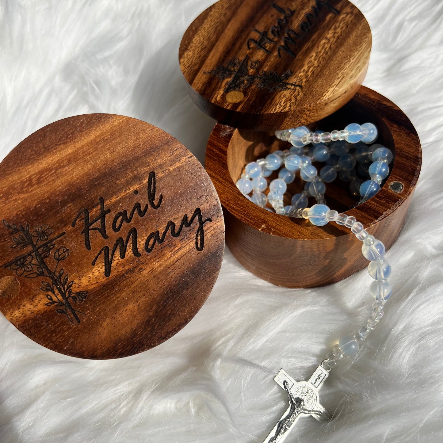 Rosary Keepsake Box – "Hail Mary" Engraved with Floral Cross