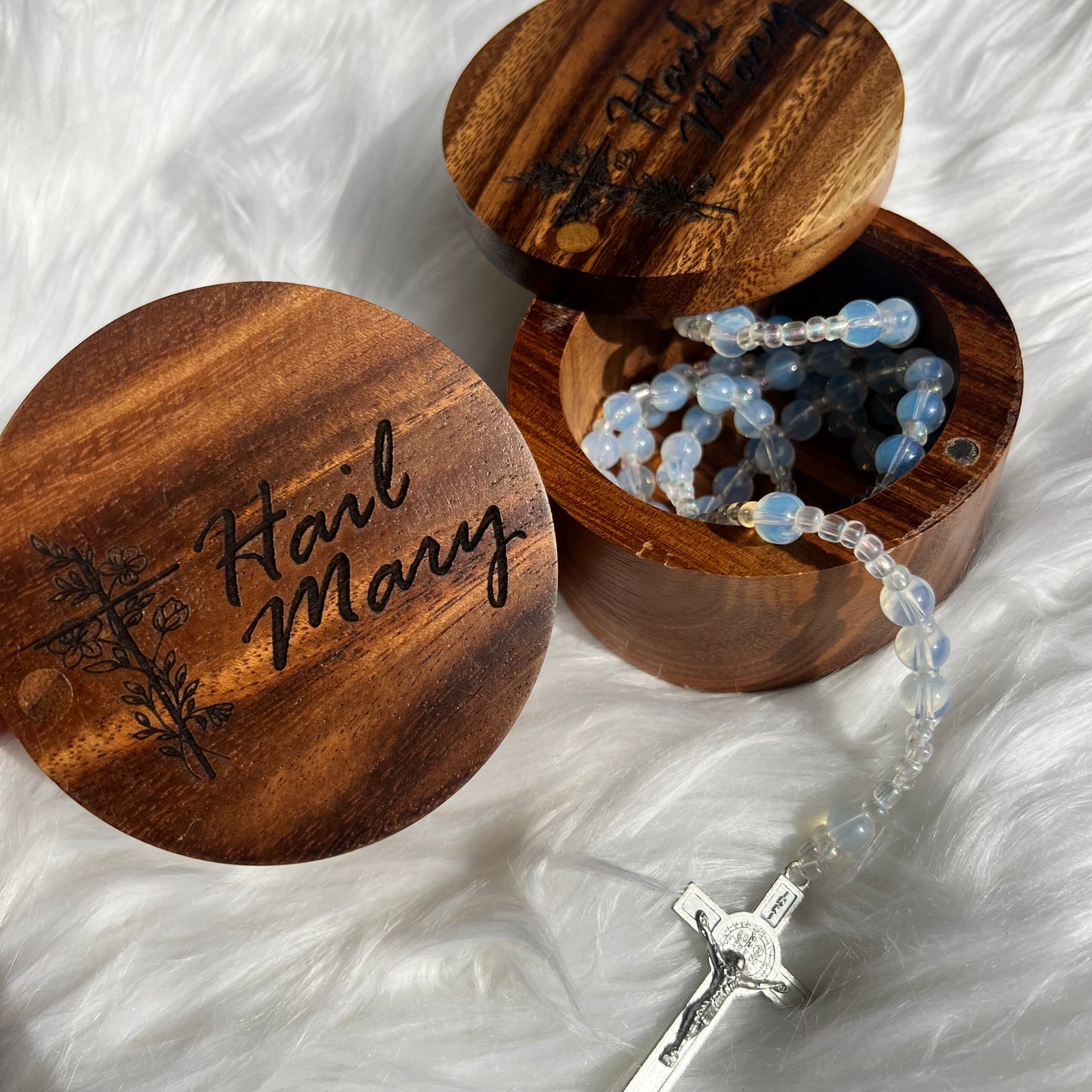 Rosary Keepsake Box – "Hail Mary" Engraved with Floral Cross