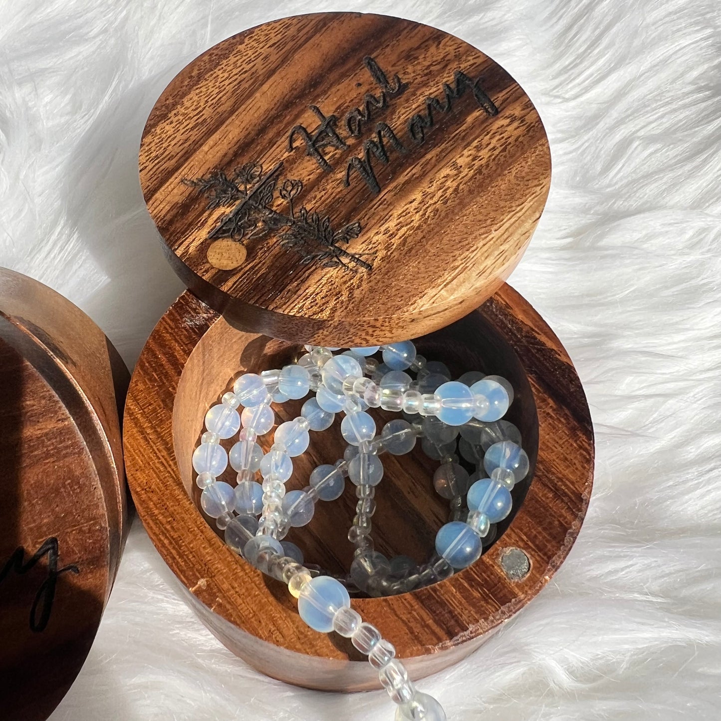Rosary Keepsake Box – "Hail Mary" Engraved with Floral Cross
