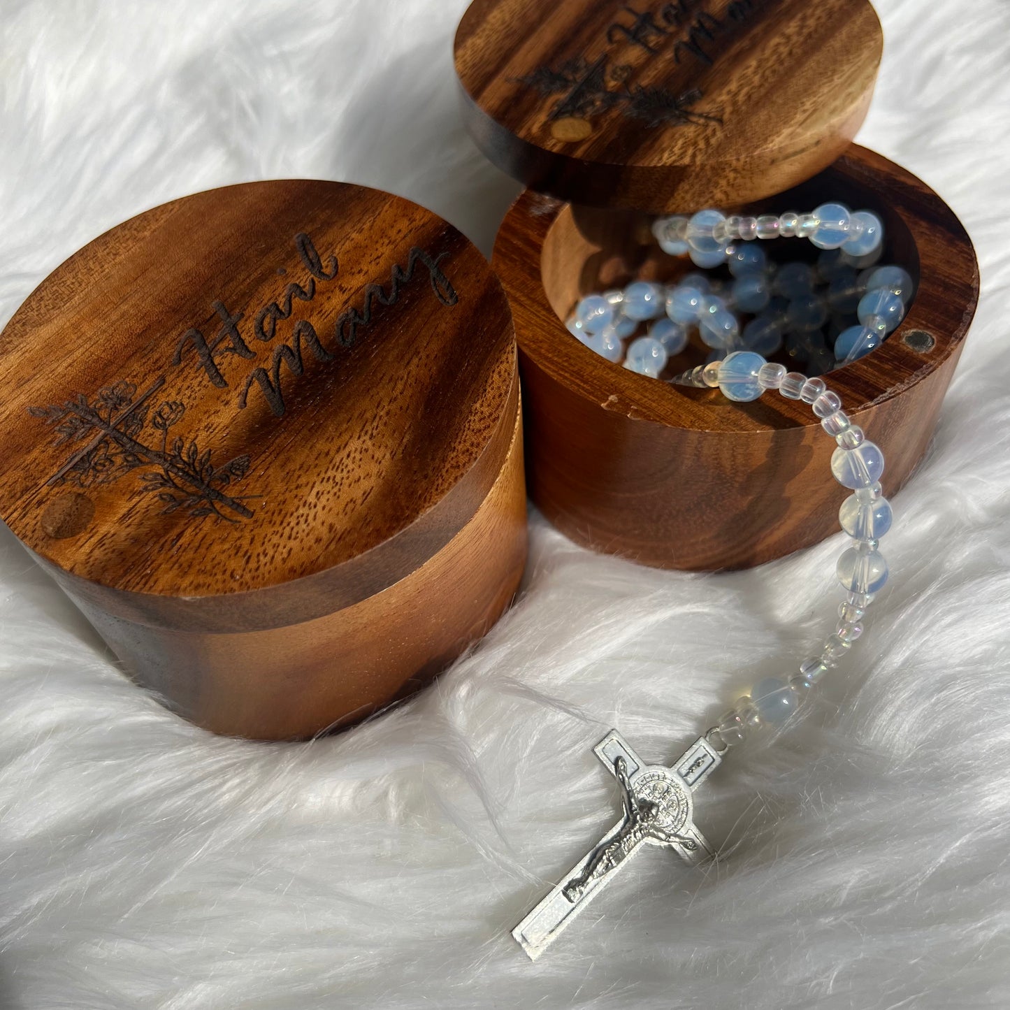Rosary Keepsake Box – "Hail Mary" Engraved with Floral Cross