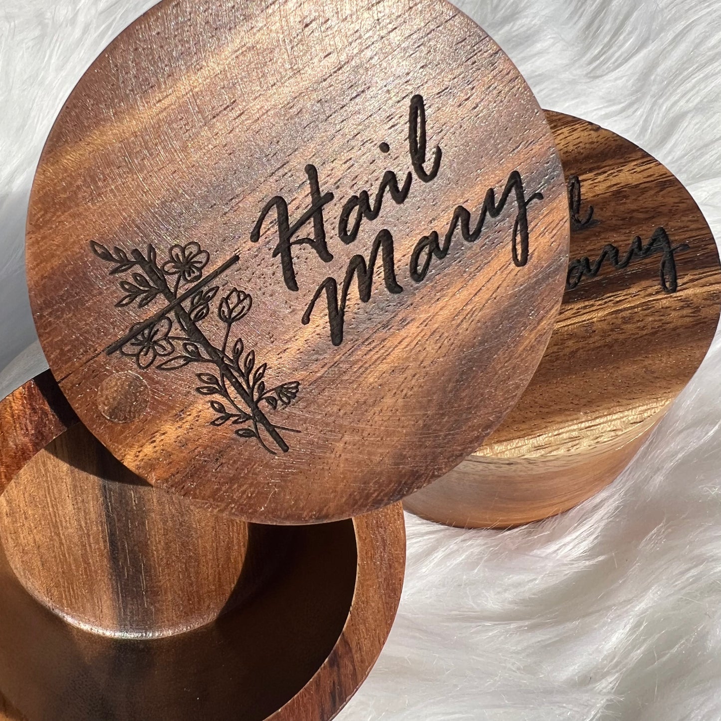 Rosary Keepsake Box – "Hail Mary" Engraved with Floral Cross